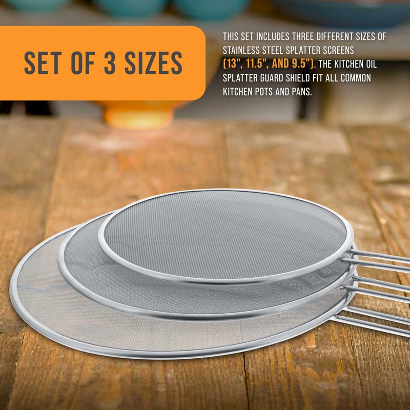 U.S. Kitchen Supply مجموعة أدوات المطبخ الأمريكية من 3 شاشات تشتت من الفولاذ المقاوم للصدأ - 13 بوصة، 11.5 بوصة و 9.5 بوصة - شاشة تشتت شبكية دقيقة مع أرجل للراحة، واقي للدهون لأواني ومقالي المطبخ - Image 2